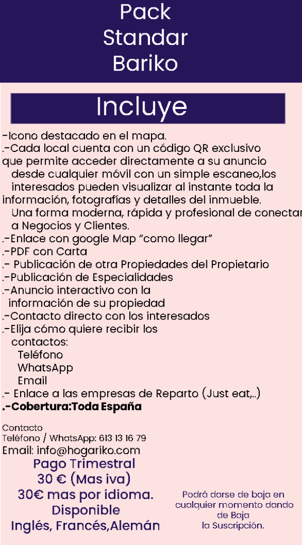 Tarifa de Precio por Trimestre Bariko.es